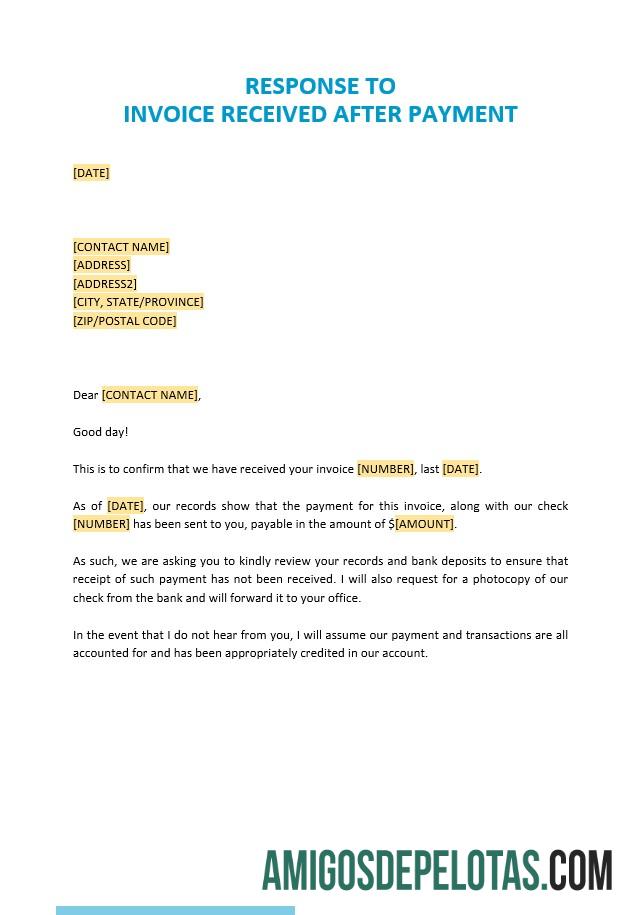 imprimível Modelo de resposta gratuita à fatura recebida após pagamento